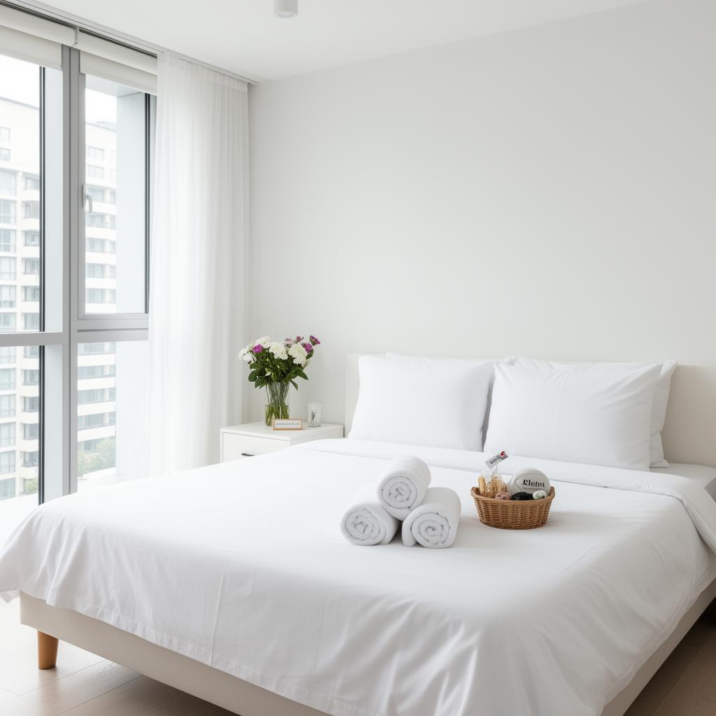 Άψογα προετοιμασμένο διαμέρισμα Airbnb με λευκά σεντόνια και πετσέτες